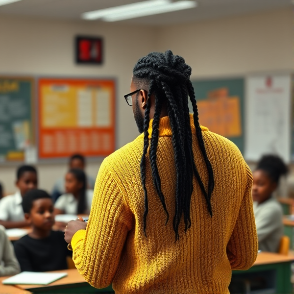 Une institutrice noire âgée de quarante ans vêtue d'un pull jaune avec des tresses africaines le dos tourné écrit au tableau dans une salle de classe avec des élèves noires agés de huit ans