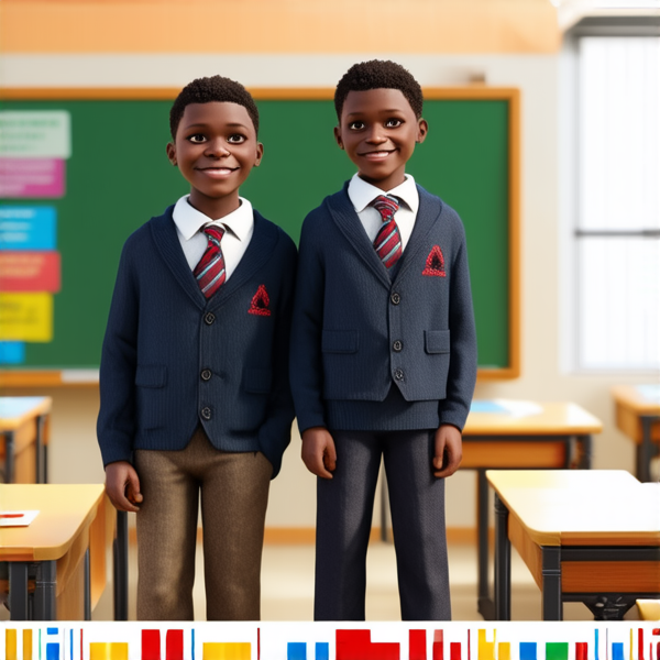 deux garçons noirs de 14 ans, vêtue d'uniforme scolaire , debout souriante et concentrée devant un tableau noir rempli de regles d'orthographe en français  dans une salle de classe ensoleillée et colorée avec des bureaux en bois et des affiches éducatives sur les murs