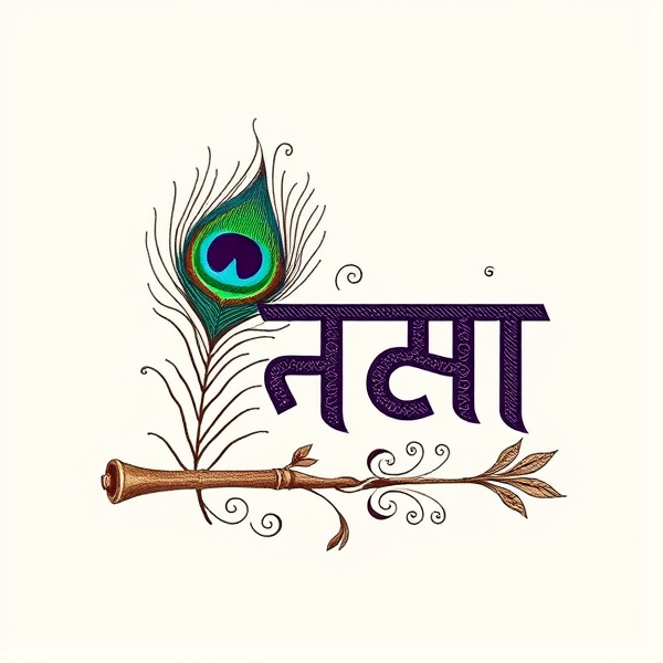 create an image with the word "கண்ணம்மா" beautifully integrated with a peacock feather, indian flute, and freehand designs.