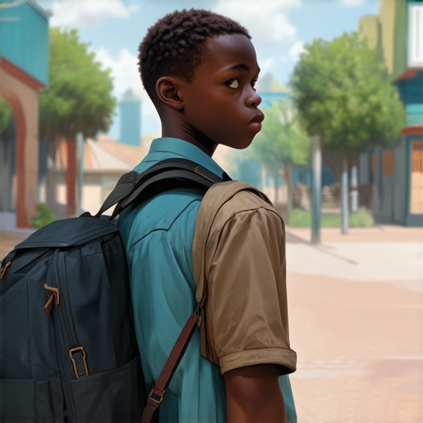 deux garçons noire agés de 12 ans et 14 ans avec des cartables dans la cour d'une école