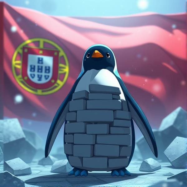Pingouin maçonnerie et dans le fond le drapeau Portugais