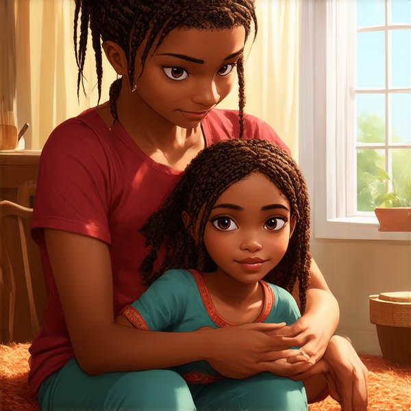 An 8-year-old African girl with intricate traditional braided hair, sitting comfortably on her mother's lap, both exuding a warm and nurturing atmosphere. The mother is depicted as loving and protective, embracing her daughter in a cozy, homelike setting and there are his father also with her