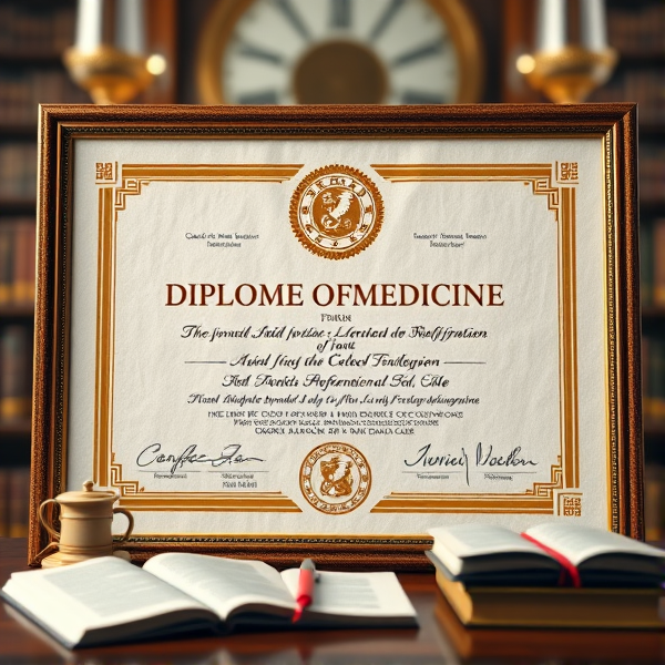 Prompt: Diplôme de français de médecine avec des bordures dorées sophistiquées, un sceau officiel en relief, une typographie classique et claire sur un fond en parchemin texturé, le tout présenté dans un cadre académique avec des livres et des symboles éducatifs posé sur table dans un cadre