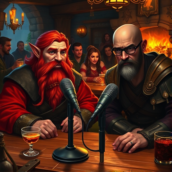 Details and Clarity:
"A red-headed, bearded fantasy dwarf and a Redguard with black like african american skin, vision glasses, a bald head, and a goatee. both in their 30's They are sitting at a table in a fantasy tavern, with two podcast microphones in front of them."
"Around the tavern, there are various fantasy characters with a World of Warcraft or Baldur's Gate 3 kind of look. Some could be listening intently to the podcast, while others are enjoying their drinks and conversations."
Lighting and Atmosphere:
"The tavern is lit by warm candlelight and a crackling fireplace, creating a cozy and mysterious atmosphere."
Composition and Focus:
"Focus the image on the two main characters sitting at the table, making sure their facial expressions are visible."
Artistic Style (optional):
"Render the scene in a cgi kind of painting style, with vibrant colors and rich textures."