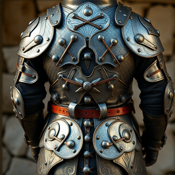 Coat of plate armor which is tied together making many x shapes from the string holding plates together