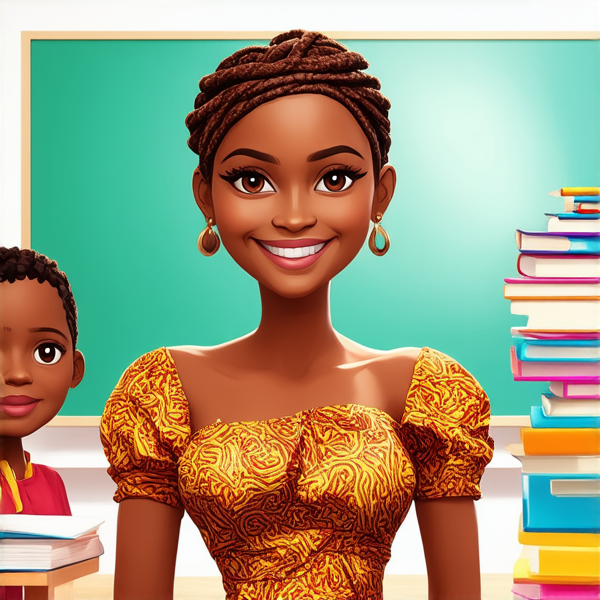 Une institutrice africaine élégante de 50 ans avec des tresses africaines traditionnelles, vêtue d'une robe africaine se tient debout devant un tableau noir dans une salle de classe lumineuse et bien rangée, souriante et prête à enseigner. Elle est entourée d'élèves noirs âgés de 10 ans et de fournitures scolaires typiques comme des livres, des cahiers et des crayons, accentuant son rôle d'éducatrice.