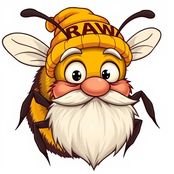 Cartoon Elderly Bumble bee with a beard. With a beanie that says RAW