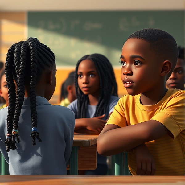 des filles noires avec des tresses africaine et garçons assis dans une classe face au tableau