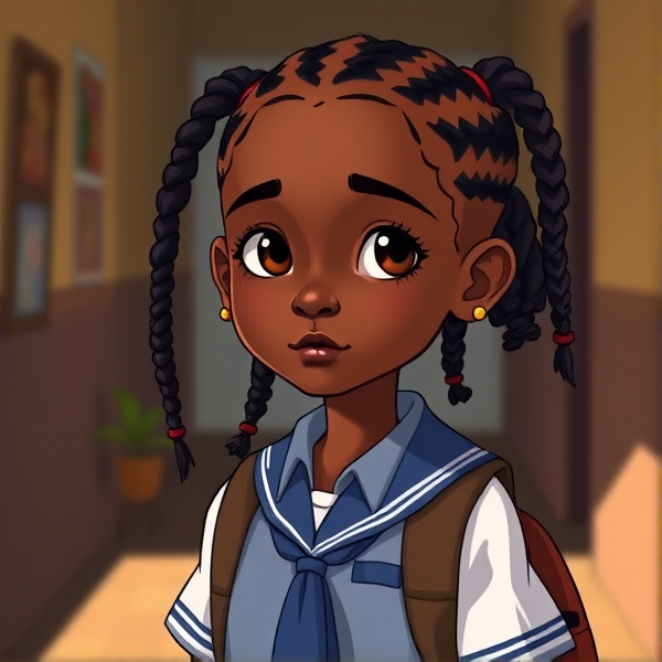 Jeune fille africaine de huit ans avec des tresses traditionnelles, vêtue d'un uniforme scolaire rentrant à la maison