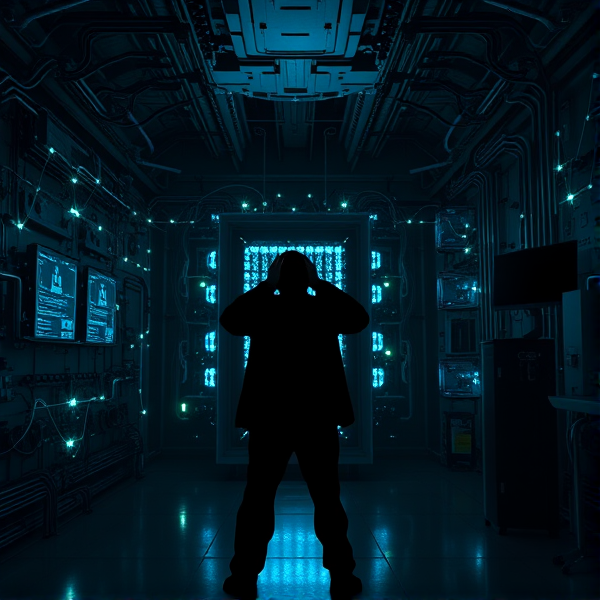 A dimly lit underground laboratory, with walls covered in complex quantum cryptography diagrams, entangled particles represented by glowing blue and green neon lights connecting across the surfaces. In the center, a massive quantum computer with transparent crystal-like processors emits an eerie light, casting long shadows. Anxiety manifests through a scientist's shadow on the wall, hunched over with hands on their head, as if overwhelmed by the fear of a cryptographic breach. The air is filled with electric tension and flickers of uncertain data streams reflect off the metal surfaces creating an ambiance of high-stress technological brinkmanship. The camera angle is wide and low to accentuate the depth and scale of the lab while capturing the expression of angst in the silhouette.