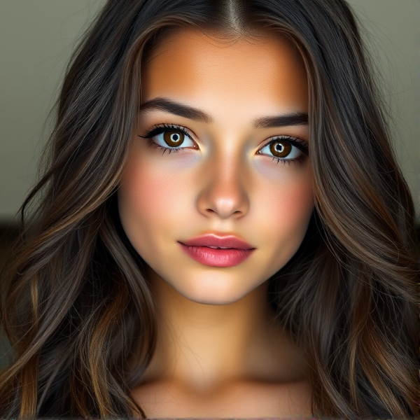 A 17 old girl with long naturally wavy dark brown hair, short eyelashes, high-ish cheek bones, brown eyes, medium natural eyebrows, medium natural thick lips, slight tan skin, slight natural blush light under eyes thinner eyebrows. In realism