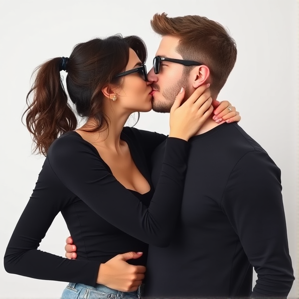 Skinny woman with dark brown hair, black glasses kissing a man with brown hair and glasses. Both wearing black long sleeve with light ripped jeans. Full body picture