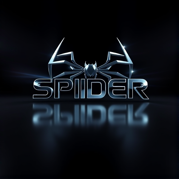 Create a 3D logo named "SPIDER" featuring ultra-modern aesthetics and sleek design. The logo should have bold, sans-serif lettering that appears to dynamically emerge from a pitch-black backdrop. Enhance the design with vivid light beams similar to the luminosity of the Capcut app icon, creating deep shadows and prominent highlights on the logo's surface. Combine advanced curves, sharp angles, and smooth lines to suggest speed and sophistication. Coat the logo in a metallic texture with a mirror-like finish for intense light reflection, giving it a sense of rapid movement. Incorporate Pixar's signature detailed imagery and distinct geometric forms, enriched with a vibrant color palette and glossy surfaces for added dimensionality. Employ rendering techniques akin to Unreal Engine's realism and Octane Renderer's ray tracing for captivating reflections, while also using V-Ray lighting effects to set the atmosphere. Aim for an exaggeratedly grandiose and sci-fi influenced visual spectacle that maximizes impact through its boldness, eschewing any trace of subtlety or minimalism.