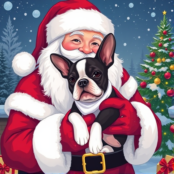 Illustration Santa holding a Boston terrier puppy with a Christmas background scene
