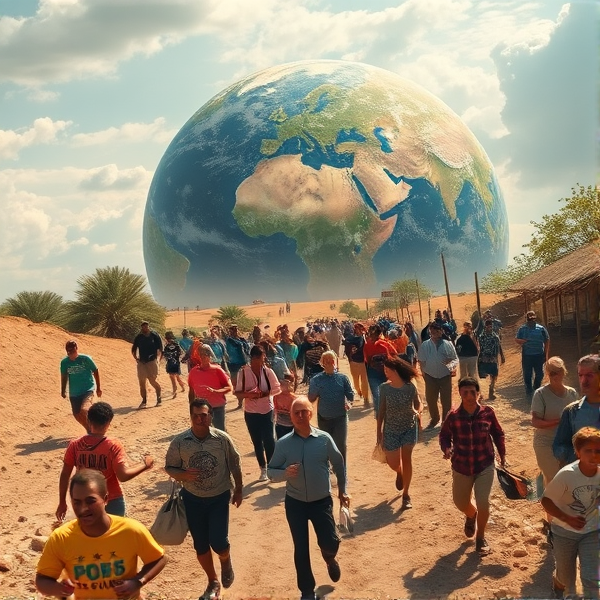 Groups of humans running around the earth
