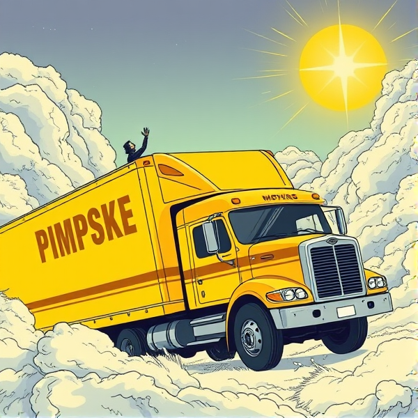 In heaven, all yellow moving truck that says the word "PIMPSKE" ON THE SIDE of trailer, black driver waving out window, truck is driving into heaven