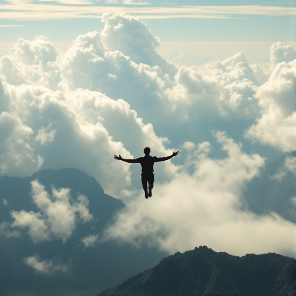 A distant image of a man flying a fantasy creature in the big and epic cloudy mountains