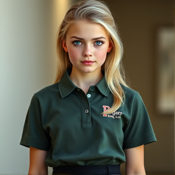 A photorealistic image of a youthful, blonde 19 year old girl with vivid blue eyes and delicate light freckles scattered across her cheeks. She stands in a full front body pose, clad in a dark green-gray polo shirt featuring subtle white lettering that reads "Ruttgers" near the left side of her chest. Her attire is completed with a sleek black mini skirt. The overall tone should convey the natural beauty of youth without excessive color saturation or makeup.