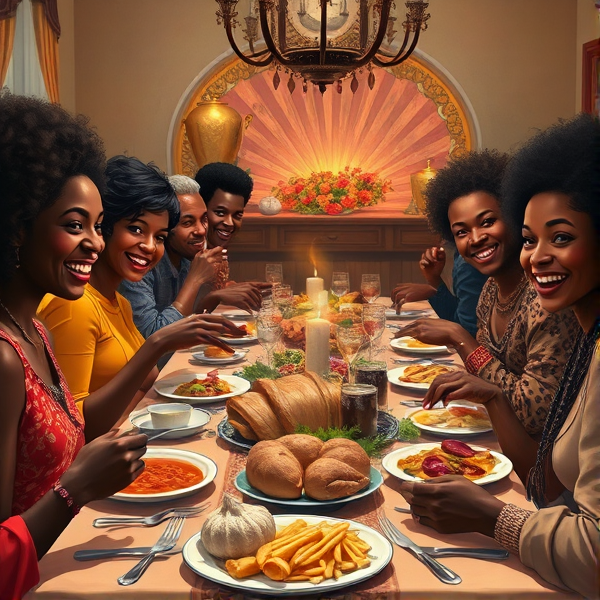 repas chaleureux d'une grande famille afro-américaine réunie autour d'une table festive, sourires et complicité, cuisine traditionnelle, intérieur accueillant