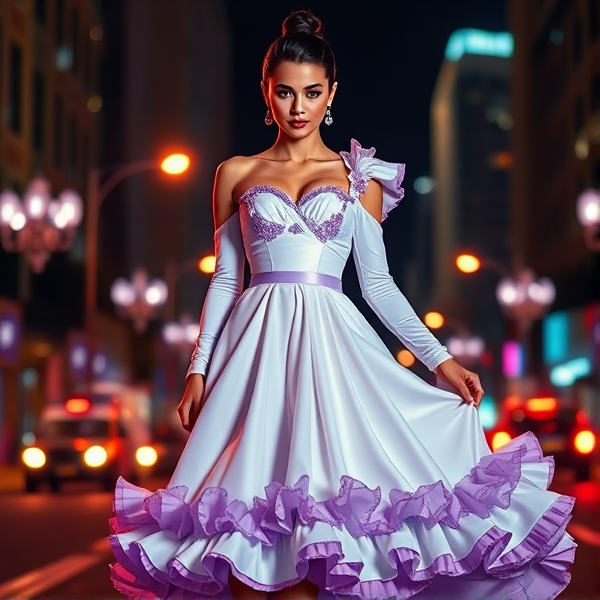 a one-shoulder white dress, with lavender details and frills. It has one long white sleeves reaching the wrists, and the bottom half of the dress was layered with purple underskirts. The dress had a sweetheart neckline, adding a touch of elegance to the overall look