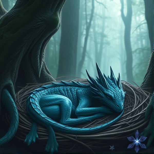 A Cyan and Black, newly hatched,  Baby dragon sleeping in a nest in a beautiful forest with its older siblings gurading