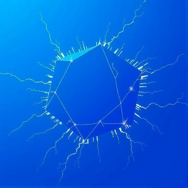 A vivid cobalt blue background showcasing a dynamic, electrified polygon with illusion of rapid movement as if zooming forward, with visible static electricity arcing across its edges