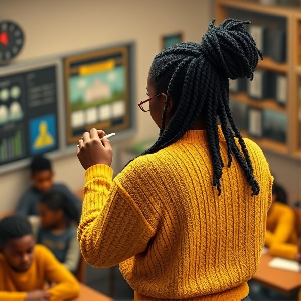 Une institutrice noire âgée de quarante ans vêtue d'un pull jaune avec des tresses africaines le dos tourné écrit au tableau dans une salle de classe avec des élèves noires agés de huit ans