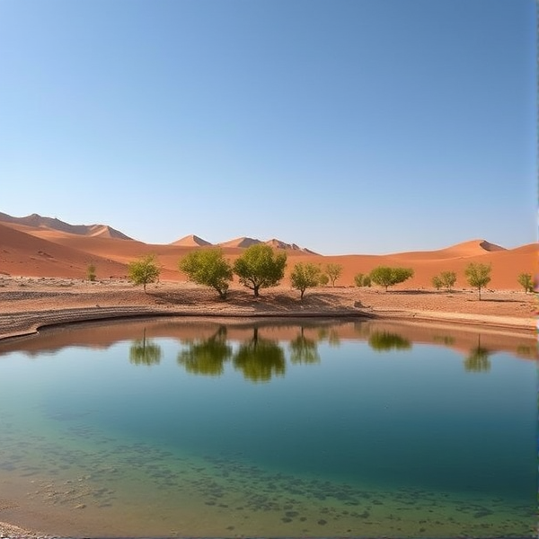 desert with a lake in the middle with trees