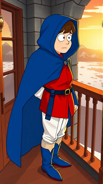 Clyde Donovan from South Park, light skin and brown hair, but as a 14-Year Old, dressed as a medieval prince with a red shirt with white sleeves, a black belt with a gold buckle, white pants, blue boots, blue long-cuffed gloves, and wreathed in a really big, heel-length long, ultra-wide blue hooded cape, now known as Prince Donovan. Despite still being a kid, he is the Youngest Ruler of South Park, Colorado, but now reborn as the real life Kingdom of Kupa Keep, Zaron, and Prince Donovan is its youngest and greatest hero. The young teenage prince of Kupa Keep is currently standing on his bedroom balcony in his new home of Kupa Keep Castle, looking out to the horizon and admiring the amazing view of his newfound kingdom that was once the small mountain town he knew before.