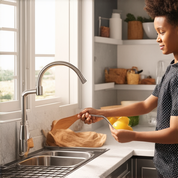 deux adolescents noirs de 14 ans vêtus de vêtements décontractés effectuant avec entrain des tâches ménagères dans une cuisine lumineuse et propre, leur petite sœur noire de 7 ans les aidant joyeusement à ranger la vaisselle propre sur les étagères, fenêtre ouverte laissant entrer la lumière du jour