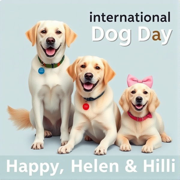 create poster with Happy International Dog Day. On the bottom says Aida, Helen & Hili. The poster has three female dogs. one dog is beautiful white cross-breed labrador and golden retreiver standing with a smile and wagging tail with guide dog halter and blue name tag says Aida. next to her is laying a light colored beautiful labrador with red name tag that says Helen. Helen's long ears are a bit darker at the bottom. next to Helen sits a beautiful not  light colored labrador smiling with a pink bow in hair and pink name tag Hili.