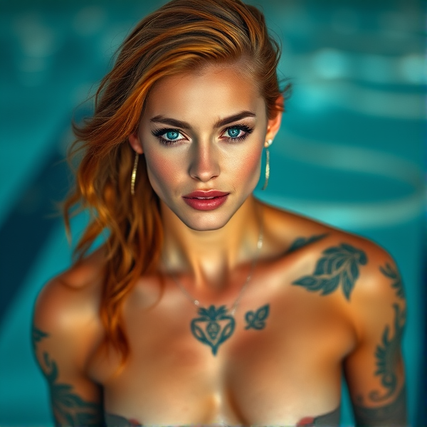 Attractive female athlete with the physique of a swimmer, featuring auburn hair and tastefully designed tattoos, poised gracefully, Olympic swimmer