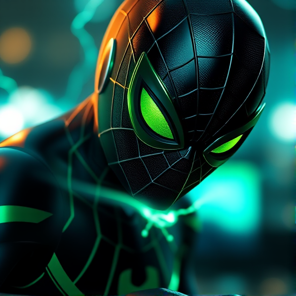 Créer une image d'un spiderman noir et vert avec des yeux vert qui contrôle l'électricité