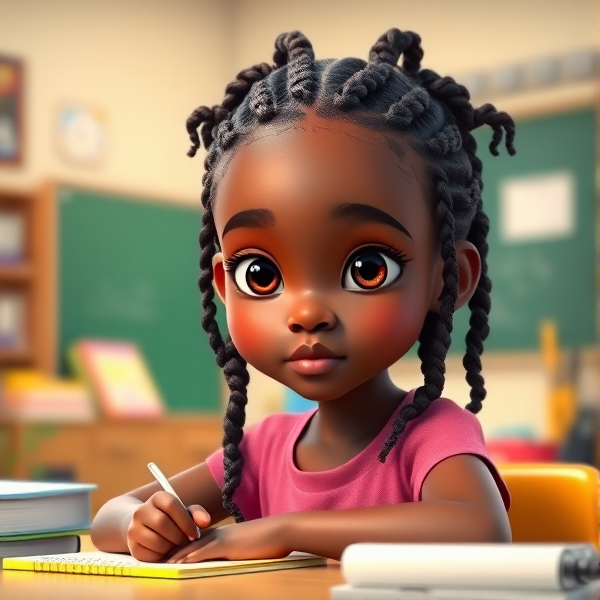 A young African girl, approximately 8 years old, with intricate braided hair, sitting attentively at her desk in a brightly lit classroom setting, surrounded by educational materials and school supplies
