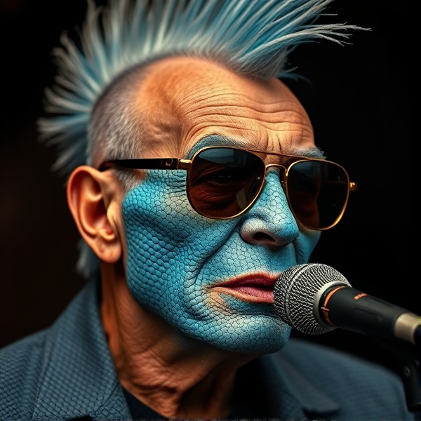 Cool old blues singer with blue lizard scales for skin. Aviator glasses, mohawk