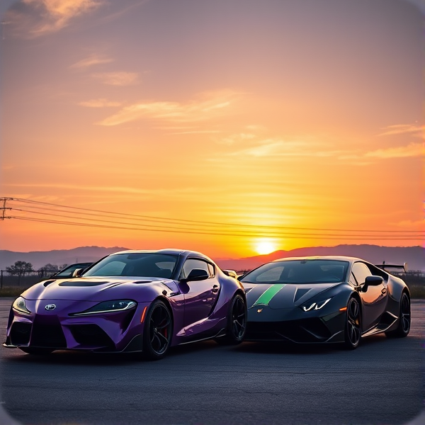Toyota supra mk5 liberty walk wide body purple in front of a sunset with a Lamborghini huracan performonte black and green stripes with wide body kit next to supra