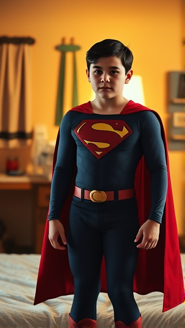 1990's Movie Scene: Jon Kent, AKA Superboy, the young little 12-year old super son of Superman, and the first kid to be born as the world's first Half-Kryptonian child, with an extremely muscular body, the iconic costume, the singular curled bang sticking out at the front of his flat and smooth black hair, and a long cape, standing in his bedroom, ready for action. The camera is a great distance away, showing the entire body of Superboy in this scene.