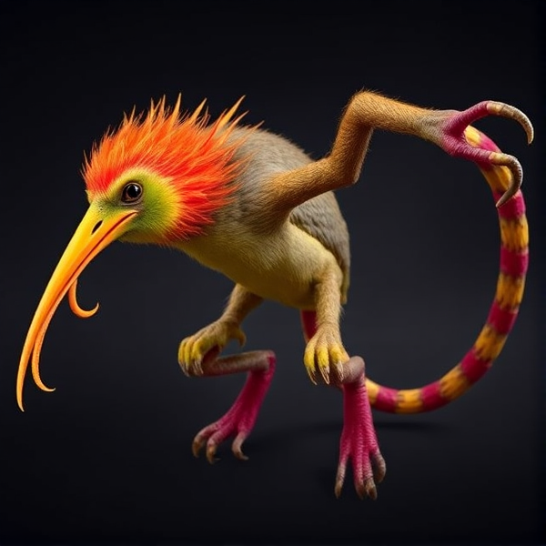 An imaginative creature that combines the body of a kiwi bird with the agile, prehensile limbs of a monkey, adorned in bright, vivid colors and captured in a dynamic and spirited pose
