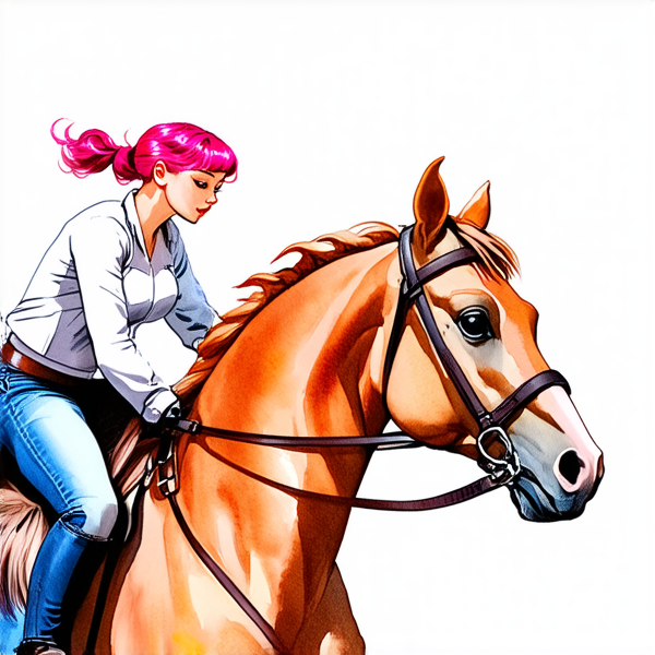 Aquarelle : De profil, image de tete au pied,  Une femme aux chauveux rose fushia, sur un cheval qui galoppe. elle porte un jean, elle a les chauveux lachés