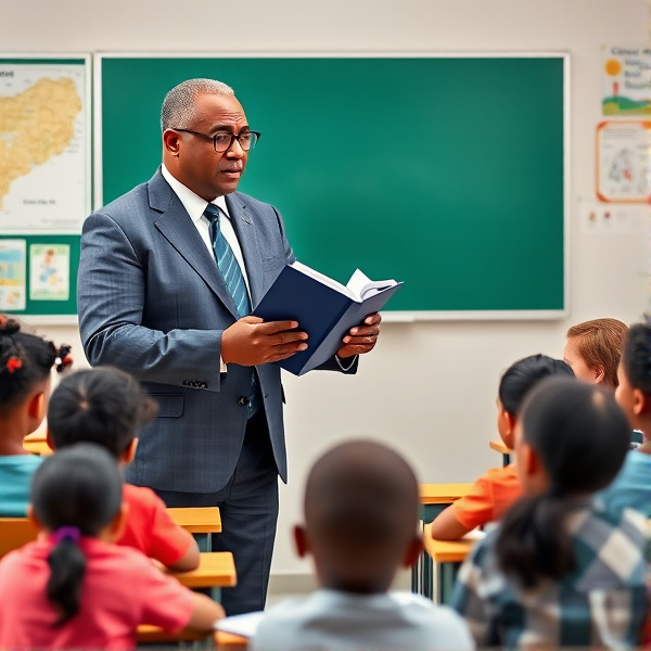 Directeur d'école afro-américain debout tenant un classeur ouvert dans ses mains portant un costume formel, dans une salle de classe avec un tableau vert, s'adressant  à un groupe d'élèves afro-américaines attentives de huit ans assises à leurs pupitres. Ils sont entourés de matériel pédagogique adapté à leur âge, comme des cartes géographiques, des affiches éducatives et des dessins d'enfants accrochés aux murs. La scène dégage une atmosphère chaleureuse et encourageante.