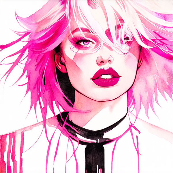 Aquarelle dynamique et détaillée : Femme avec des cheveux rose fuchsia ombrés en blond platine à la racine