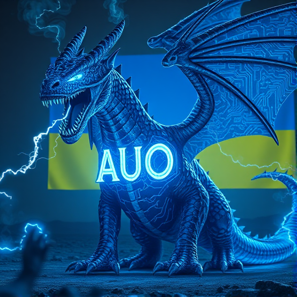 An intricately designed, streamlined wyvern bearing the vivid acronym "AUO" on its chest in a radiant, blue electric luminous font that casts an electric glow, emanating waves of intense energy. The dragon's scales are a masterpiece of detailed circuit patterns that shimmer with a lifelike electrical pulse. From its nostrils, ethereal streams of digital smoke curl upwards, timed with the deep, resonant roars that showcase its electrified sharp fangs. As a respectful nod to tribute and unity, incorporate elements of the Ukrainian flag within the composition. This majestic creature resides in a desolate post-apocalyptic landscape that accentuates its powerful presence. In the background is the Ukrainian flag, a rectangle, with the top half blue and the bottom half yellow.
