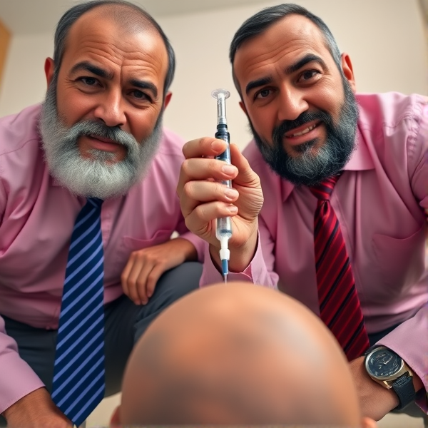 Deux hommes d'affaires seniors marocains barbus accroupis, portant des cravates longues à rayures bleutées et rouges, fixent l'objectif avec assurance tout en tenant une seringue pointée vers une tête hors du champ de vision. La scène est capturée en contre-plongée pour accentuer leur domination. Ils portent des chemises roses et arborent un sourire léger.