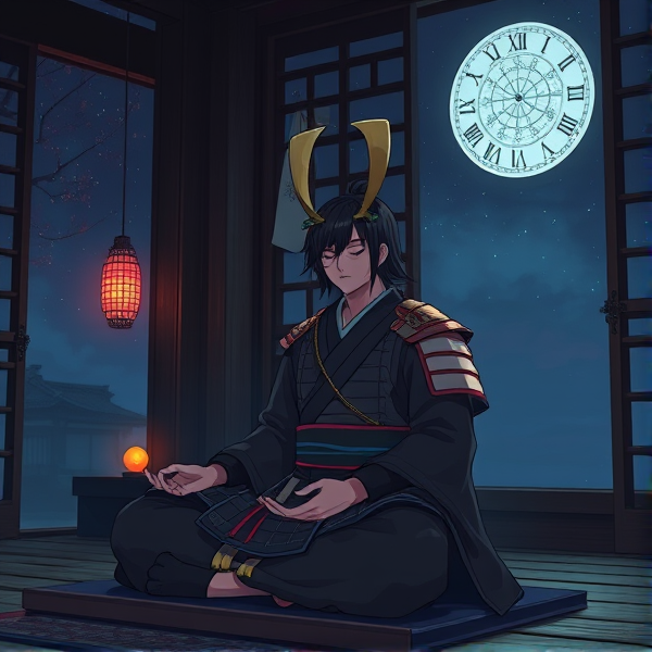 A samurai meditating at home at night