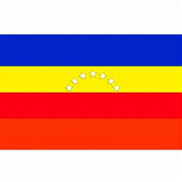 The Zulia State Flag of Venezuela features a distinctive and vivid design that can be described in a way that paints a mental picture. The flag has a horizontal tricolor pattern with three equal bands. The top band is a deep, rich blue, the middle band is a bright yellow, and the bottom band is a bold red.

In the center of the yellow band, there is a semicircle of stars. These stars are white and form a curved arc, resembling a gentle, flowing crescent. The arrangement of the stars suggests unity and aspiration. Each star is evenly spaced, creating a sense of harmony and balance across the flag’s width