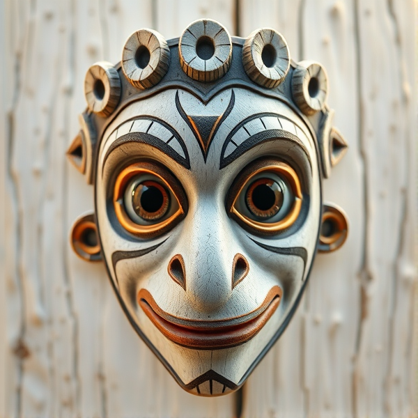 masque ngil du Gabon, texture en bois blanc , éclairage clair et réaliste