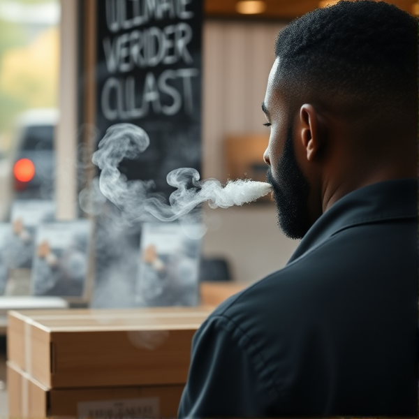 Black guy smoking by boxes in the back ground .  paper that says ultimate verified vendor list