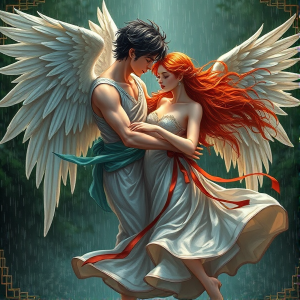 Black haired Male angel and red haired female angel dance in the rain