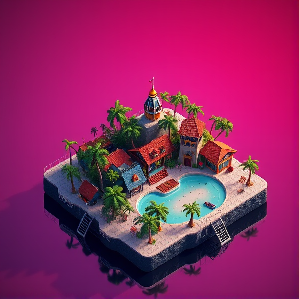 Pen isle with a variety of writing pens arranged to form the shape of an idyllic tropical isle