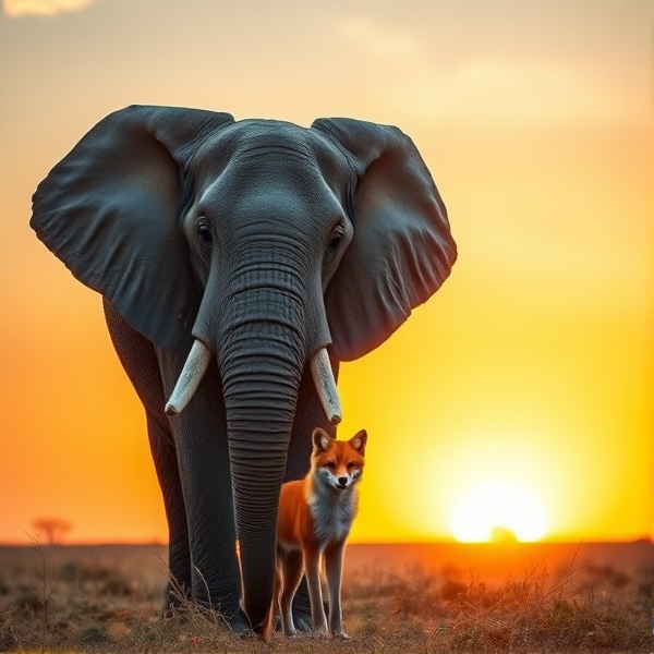 A majestic elephant with the delicate fur and vibrant orange coloring of a fox, standing in a serene savannah at sunset